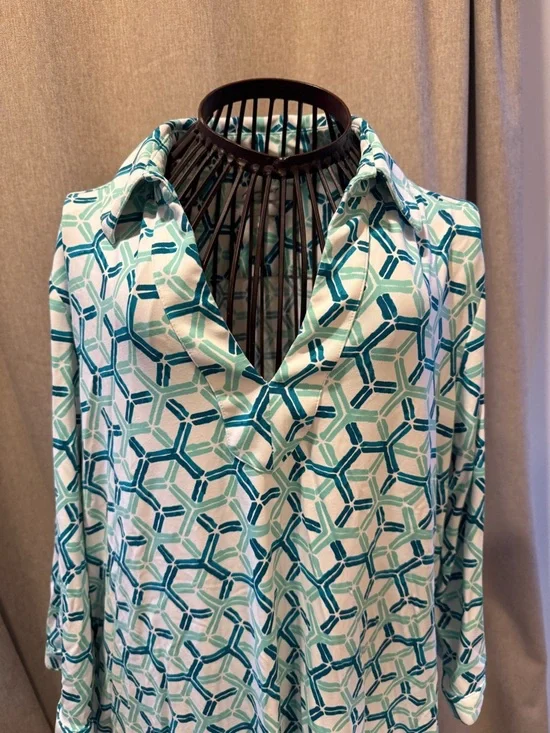 Foxcroft - Geometric V-Neck - Tunic Dress Cover Up - Teal, White, Navy - Large - Picture 4 of 15